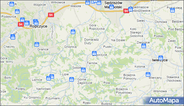 mapa Zagorzyce gmina Sędziszów Małopolski, Zagorzyce gmina Sędziszów Małopolski na mapie Targeo