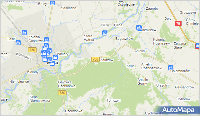 mapa Zakrzew gmina Grabów nad Pilicą, Zakrzew gmina Grabów nad Pilicą na mapie Targeo