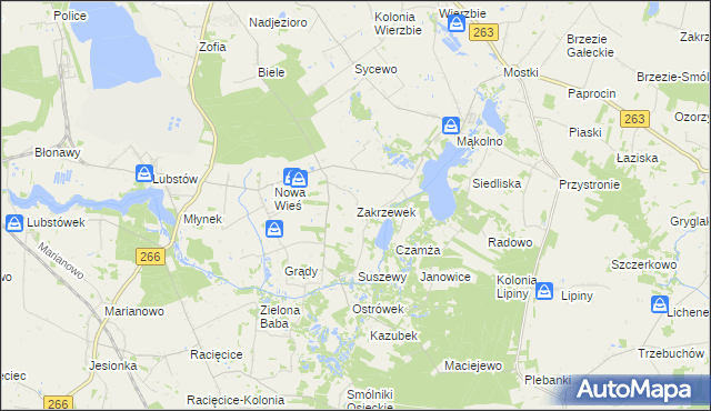 mapa Zakrzewek gmina Sompolno, Zakrzewek gmina Sompolno na mapie Targeo