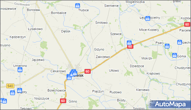 mapa Zakrzewo gmina Bielsk, Zakrzewo gmina Bielsk na mapie Targeo