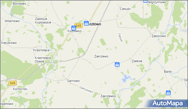 mapa Zakrzewo gmina Kozłowo, Zakrzewo gmina Kozłowo na mapie Targeo