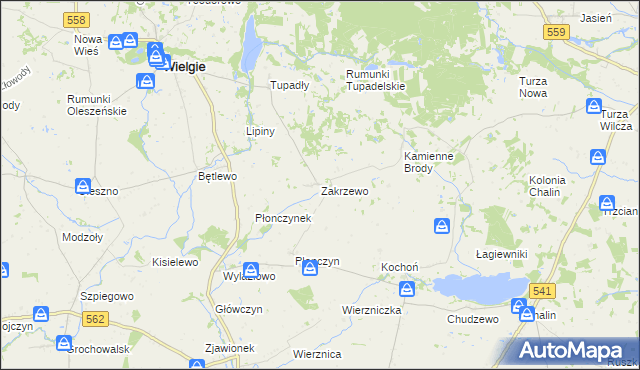 mapa Zakrzewo gmina Wielgie, Zakrzewo gmina Wielgie na mapie Targeo