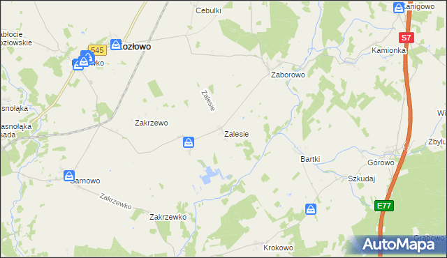 mapa Zalesie gmina Kozłowo, Zalesie gmina Kozłowo na mapie Targeo
