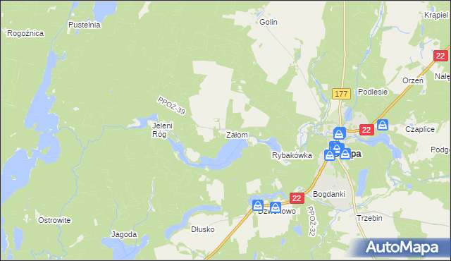 mapa Załom gmina Człopa, Załom gmina Człopa na mapie Targeo