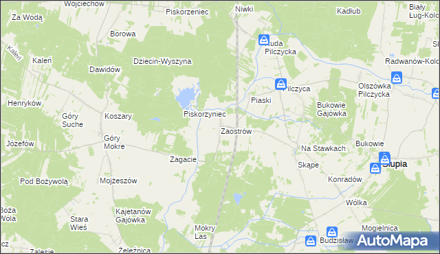mapa Zaostrów gmina Słupia Konecka, Zaostrów gmina Słupia Konecka na mapie Targeo