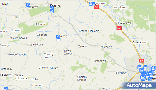 mapa Zaręby gmina Karniewo, Zaręby gmina Karniewo na mapie Targeo