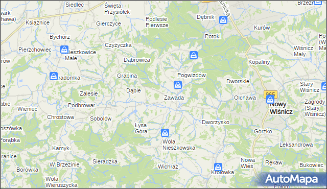 mapa Zawada gmina Bochnia, Zawada gmina Bochnia na mapie Targeo