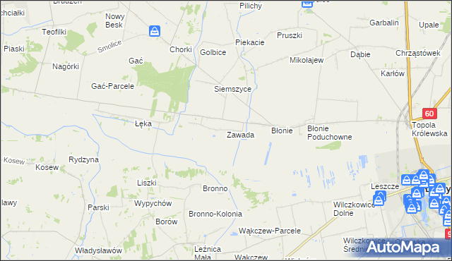 mapa Zawada gmina Łęczyca, Zawada gmina Łęczyca na mapie Targeo