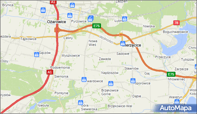 mapa Zawada gmina Mierzęcice, Zawada gmina Mierzęcice na mapie Targeo