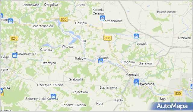 mapa Zawada gmina Wąwolnica, Zawada gmina Wąwolnica na mapie Targeo
