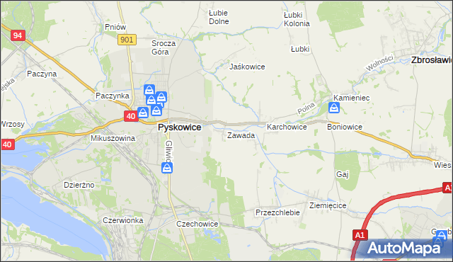 mapa Zawada gmina Zbrosławice, Zawada gmina Zbrosławice na mapie Targeo