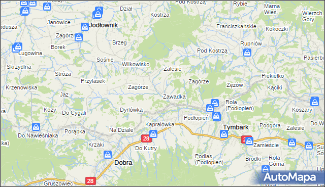 mapa Zawadka gmina Tymbark, Zawadka gmina Tymbark na mapie Targeo