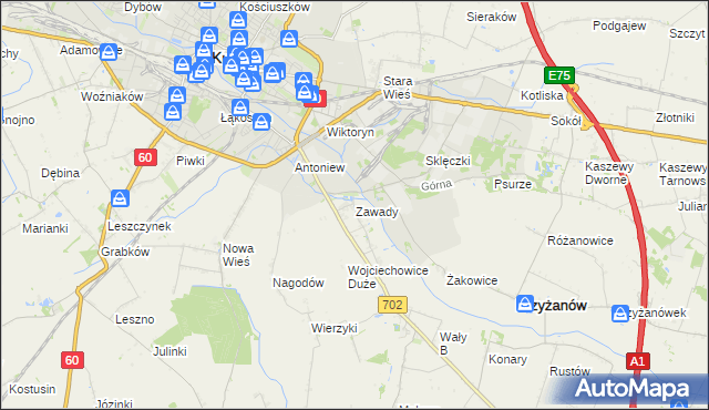 mapa Zawady gmina Krzyżanów, Zawady gmina Krzyżanów na mapie Targeo