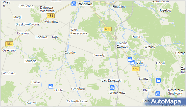mapa Zawady gmina Widawa, Zawady gmina Widawa na mapie Targeo