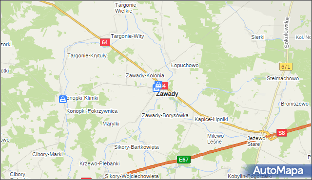 mapa Zawady powiat białostocki, Zawady powiat białostocki na mapie Targeo