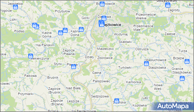 mapa Zborowice gmina Ciężkowice, Zborowice gmina Ciężkowice na mapie Targeo