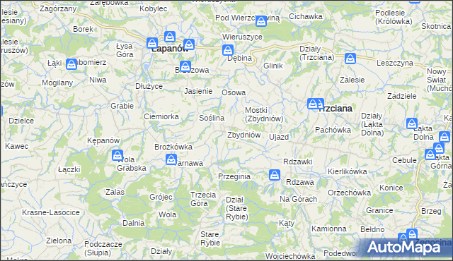 mapa Zbydniów gmina Łapanów, Zbydniów gmina Łapanów na mapie Targeo