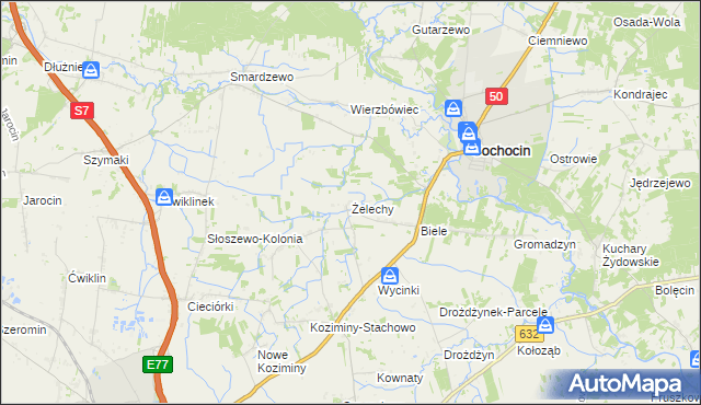 mapa Żelechy gmina Sochocin, Żelechy gmina Sochocin na mapie Targeo