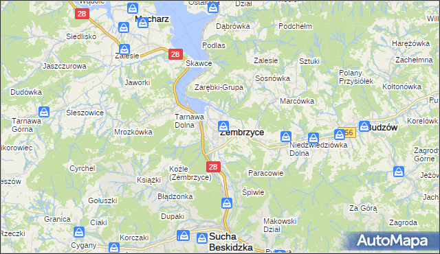 mapa Zembrzyce, Zembrzyce na mapie Targeo