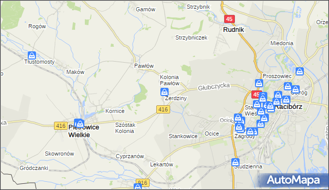mapa Żerdziny gmina Pietrowice Wielkie, Żerdziny gmina Pietrowice Wielkie na mapie Targeo