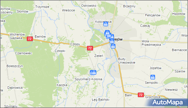 mapa Zieleń gmina Uniejów, Zieleń gmina Uniejów na mapie Targeo