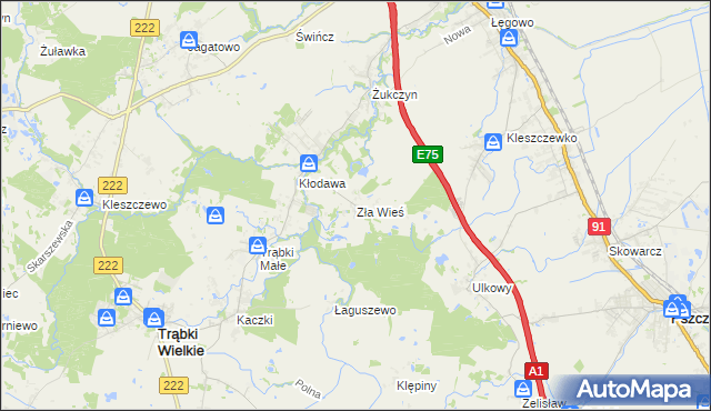 mapa Zła Wieś gmina Trąbki Wielkie, Zła Wieś gmina Trąbki Wielkie na mapie Targeo