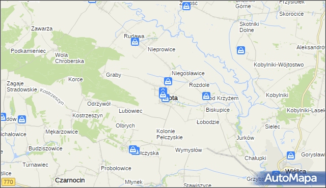 mapa Złota powiat pińczowski, Złota powiat pińczowski na mapie Targeo