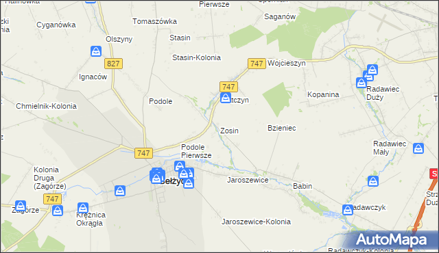 mapa Zosin gmina Bełżyce, Zosin gmina Bełżyce na mapie Targeo