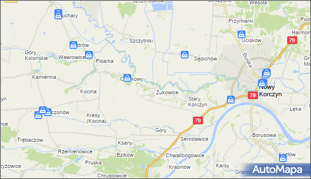 mapa Żukowice gmina Nowy Korczyn, Żukowice gmina Nowy Korczyn na mapie Targeo