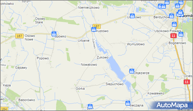 mapa Żukowo gmina Oborniki, Żukowo gmina Oborniki na mapie Targeo