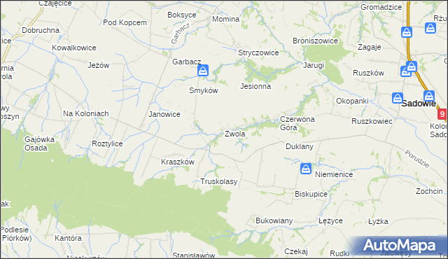 mapa Zwola gmina Sadowie, Zwola gmina Sadowie na mapie Targeo