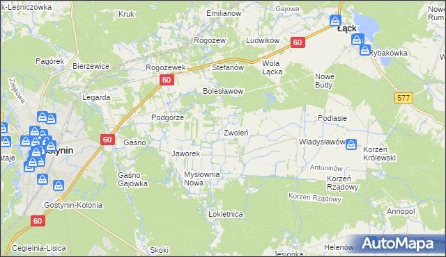 mapa Zwoleń gmina Gostynin, Zwoleń gmina Gostynin na mapie Targeo