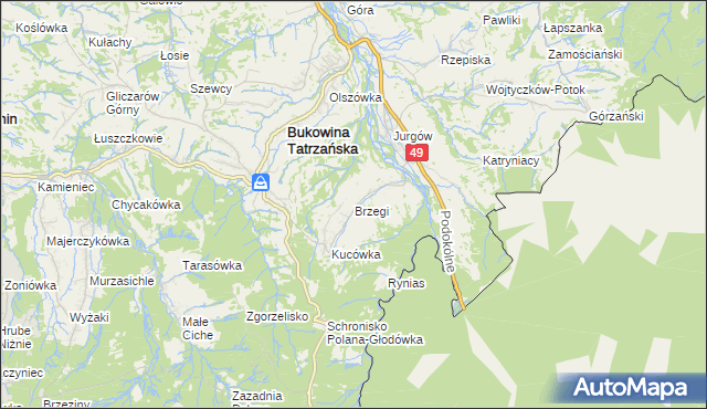 mapa Brzegi gmina Bukowina Tatrzańska, Brzegi gmina Bukowina Tatrzańska na mapie Targeo