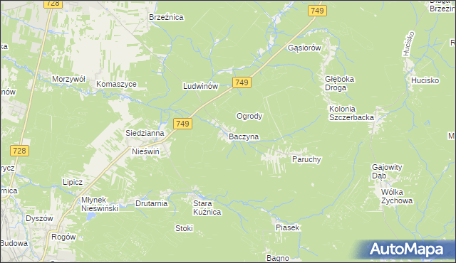 mapa Baczyna gmina Końskie, Baczyna gmina Końskie na mapie Targeo
