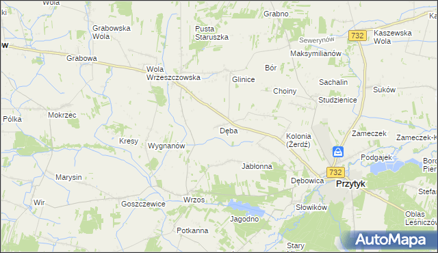 mapa Dęba gmina Przytyk, Dęba gmina Przytyk na mapie Targeo