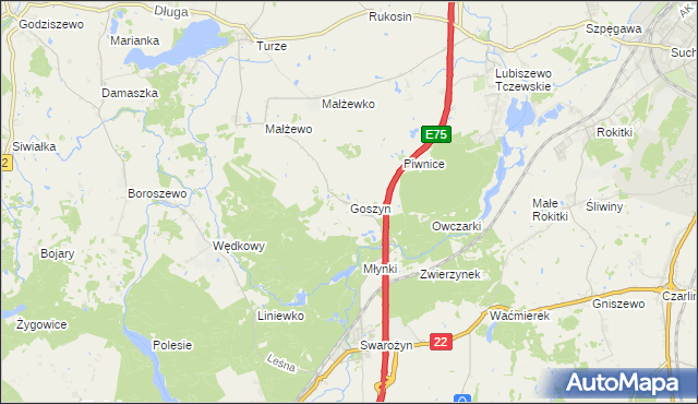 mapa Goszyn gmina Tczew, Goszyn gmina Tczew na mapie Targeo