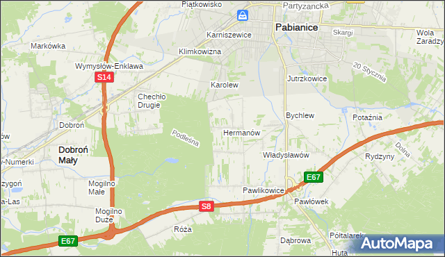 mapa Hermanów gmina Pabianice, Hermanów gmina Pabianice na mapie Targeo