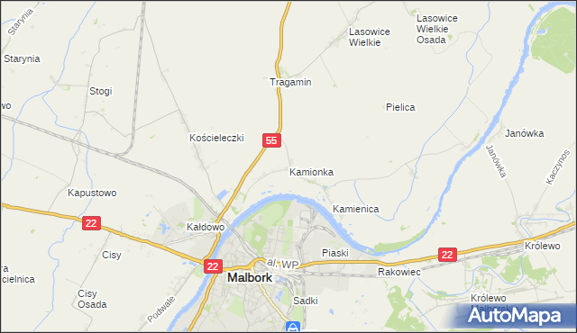 mapa Kamionka gmina Malbork, Kamionka gmina Malbork na mapie Targeo