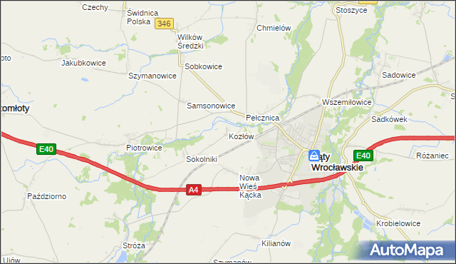 mapa Kozłów gmina Kąty Wrocławskie, Kozłów gmina Kąty Wrocławskie na mapie Targeo