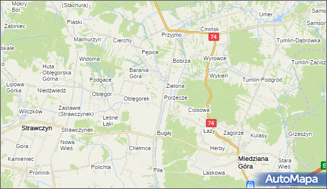 mapa Porzecze gmina Miedziana Góra, Porzecze gmina Miedziana Góra na mapie Targeo