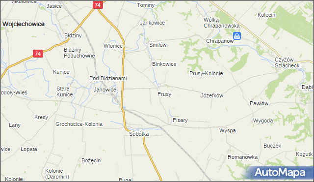 mapa Prusy gmina Ożarów, Prusy gmina Ożarów na mapie Targeo