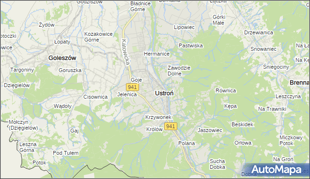 mapa Ustroń powiat cieszyński, Ustroń powiat cieszyński na mapie Targeo