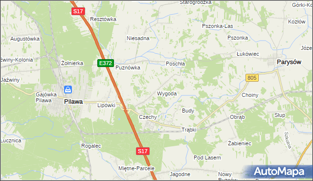 mapa Wygoda gmina Pilawa, Wygoda gmina Pilawa na mapie Targeo