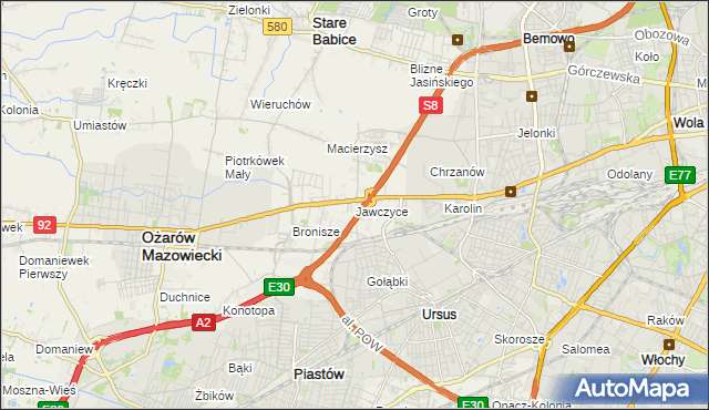 mapa Jawczyce gmina Ożarów Mazowiecki, Jawczyce gmina Ożarów Mazowiecki na mapie Targeo