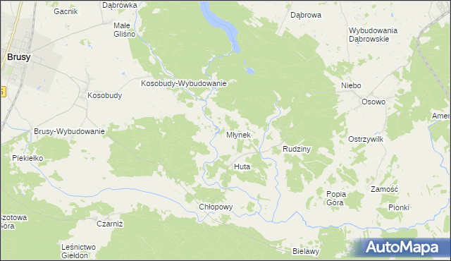 mapa Młynek gmina Brusy, Młynek gmina Brusy na mapie Targeo