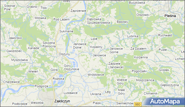 mapa Janowice gmina Pleśna, Janowice gmina Pleśna na mapie Targeo