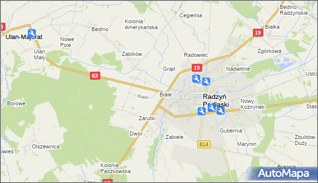 mapa Biała gmina Radzyń Podlaski, Biała gmina Radzyń Podlaski na mapie Targeo