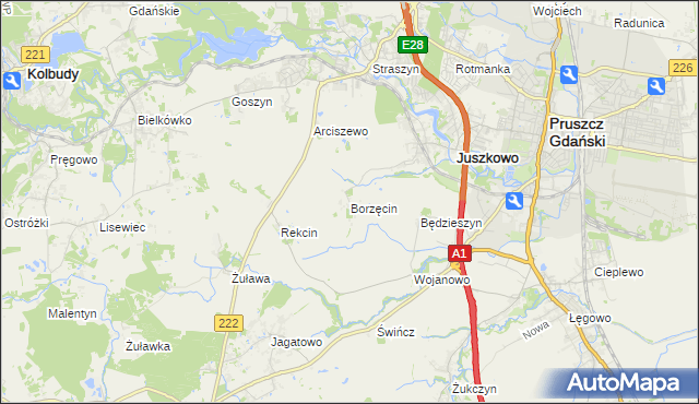 mapa Borzęcin gmina Pruszcz Gdański, Borzęcin gmina Pruszcz Gdański na mapie Targeo