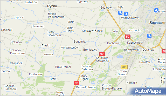 mapa Bronisławy gmina Rybno, Bronisławy gmina Rybno na mapie Targeo