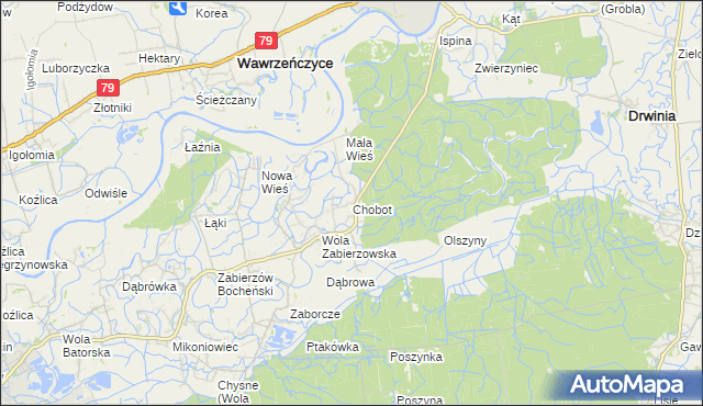 mapa Chobot gmina Niepołomice, Chobot gmina Niepołomice na mapie Targeo